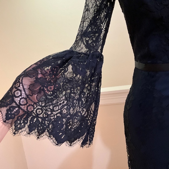 Theia, size 2, navy with black lace overlay, off the shoulder, bell sleeves - Picture 4 of 7